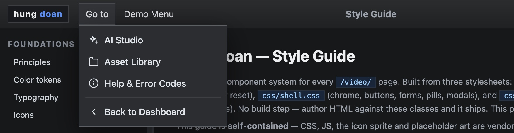 Desktop menu-bar drop-down: the hung doan brand, a Go to menu opened with AI Studio / Asset Library / Help / Back to Dashboard items